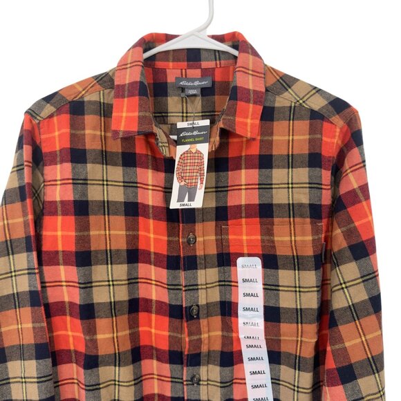 Eddie Bauer Mens Small Plaid Flannel Button Down Shirt Orange/Black/Beige - Picture 10 of 11